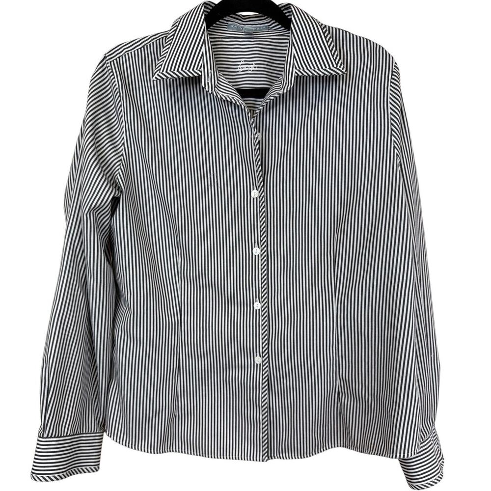 Foxcroft Wrinkle Free Black & White Striped Button Up 12